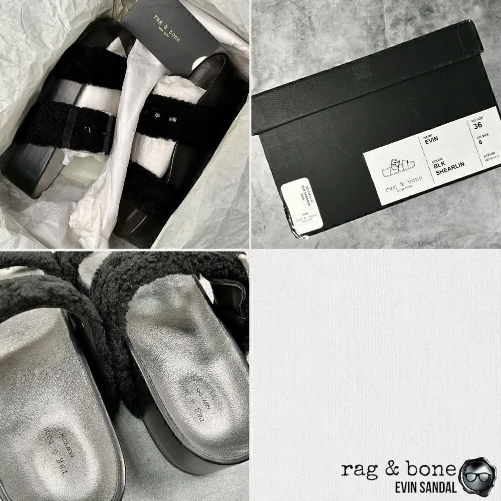 RAG & BONE EVIN GENUINE SHEARLING PLATFORM SLIDE SANDAL IN BLACK US SIZE 6 EU 36